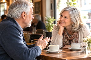 Femme senior écoutant attentivement un homme pendant leur conversation