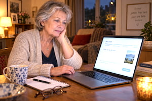 Femme senior réfléchissant devant son ordinateur en remplissant son profil