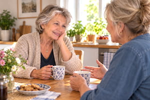 Deux femmes seniors échangeant chaleureusement autour d’un café