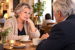 Femme senior attentive face à un homme pendant une conversation au café