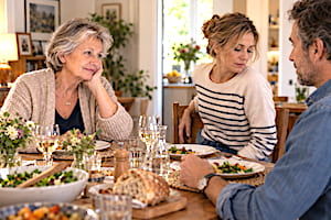 Femme senior à table avec sa fille et son gendre pendant un repas familial