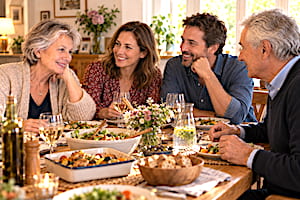 Couple senior partageant un repas détendu avec la famille
