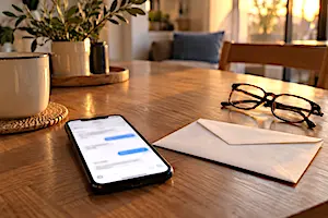 conversation en ligne sur un téléphone posé sur une table