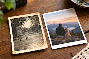 deux photographies d'époques différentes posées sur une table