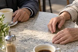 deux paires de mains posées sur une table de café